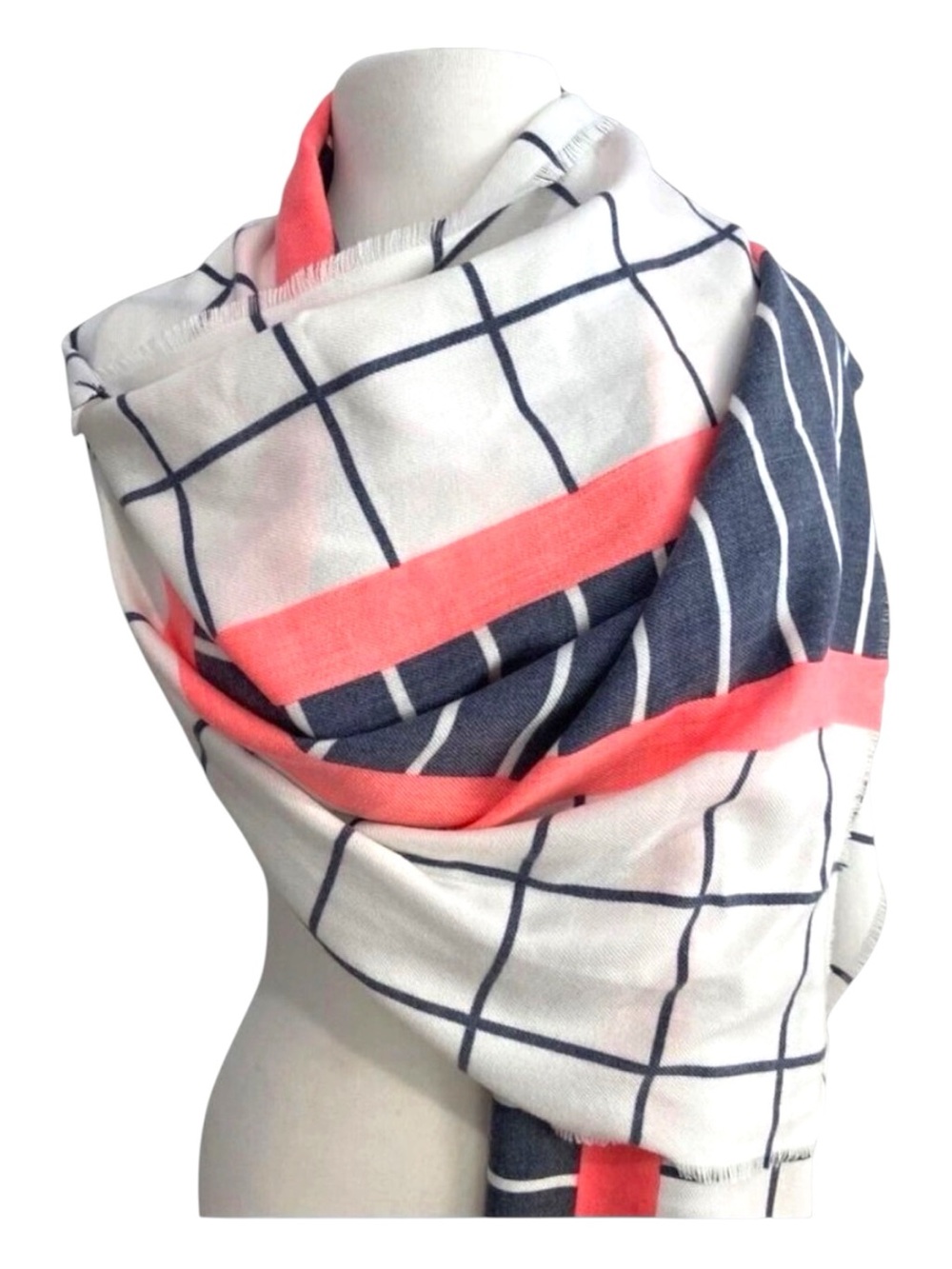 J.Crew Womens Grid & Stripe Ruana Scarf wrap With Coral Accent Polyester/Viscose